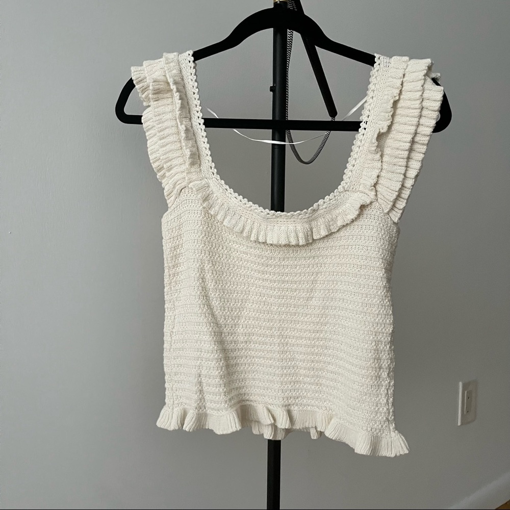 Small Knit Ruffled Sleeves Summer Off White Top